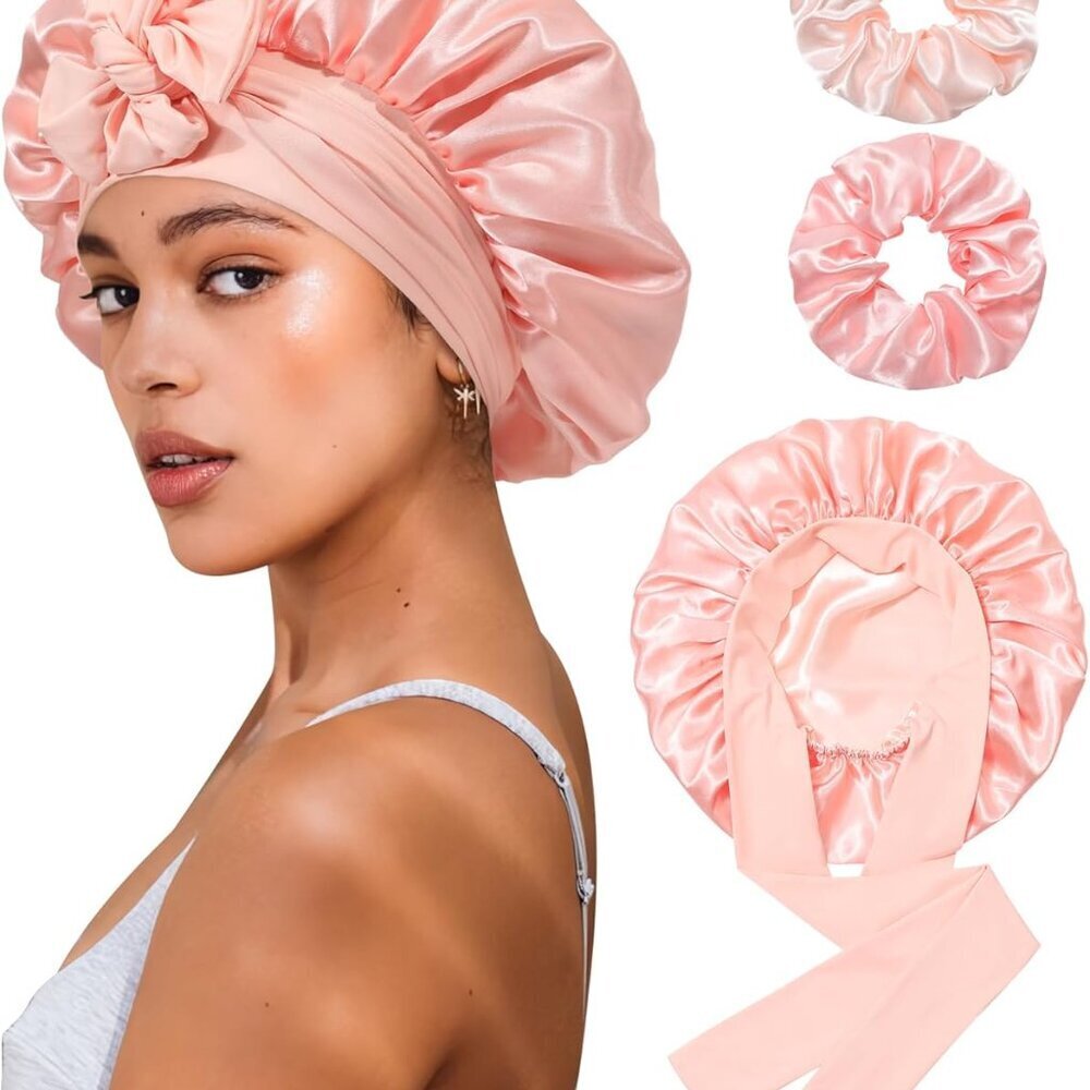 Reversible Satin Bonnet for Sleeping Women Double Layer Hair Bonnet with 2PCS Ha